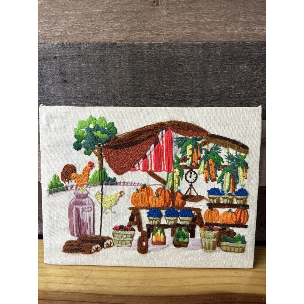 Vintage 1975 Caron Crewel Fruit Stand Farm Needlepoint 12x9